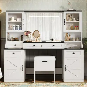 [Bellemave]61.5" Farmhouse Vanity Desk with Mirror and LED Lights, Dressing Table with 5 Drawers and 4 Cabinets, Makeup Vanity Table Set with Glass Visual Desktop and Cushion Stool, for Bedroom