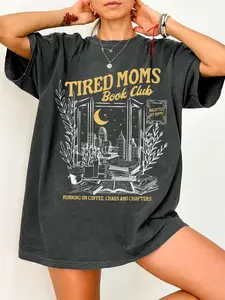 Women's Tired Moms Book Club Round Neck Graphic Tee, Casual "Tired Moms Book Club" Printed Crew Neck T-shirt for Summer, Fashion Women's Top for Daily Wear Lady, Casual Everyday Wear