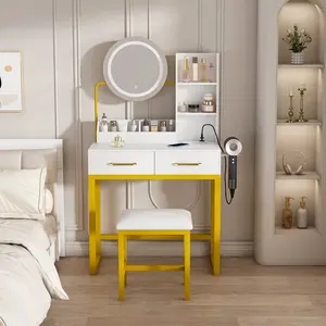 Makeup Vanity with LED Lights&3 Color and Power Outlet Makeup Vanity Table with 2 big Drawers with Sturdy Metal Leg and Metal Chair Dressing Table for Bedroom Dressing Room