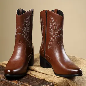 Western Cowboy Boots Men High Top Outdoor Western Style Round Toe Embroidered Flower Zipper Footwear Brown Classic Orthotic Wide Square Toe Walking Shoes Comfort Closed Chef Design plus  size  cowboy  boots