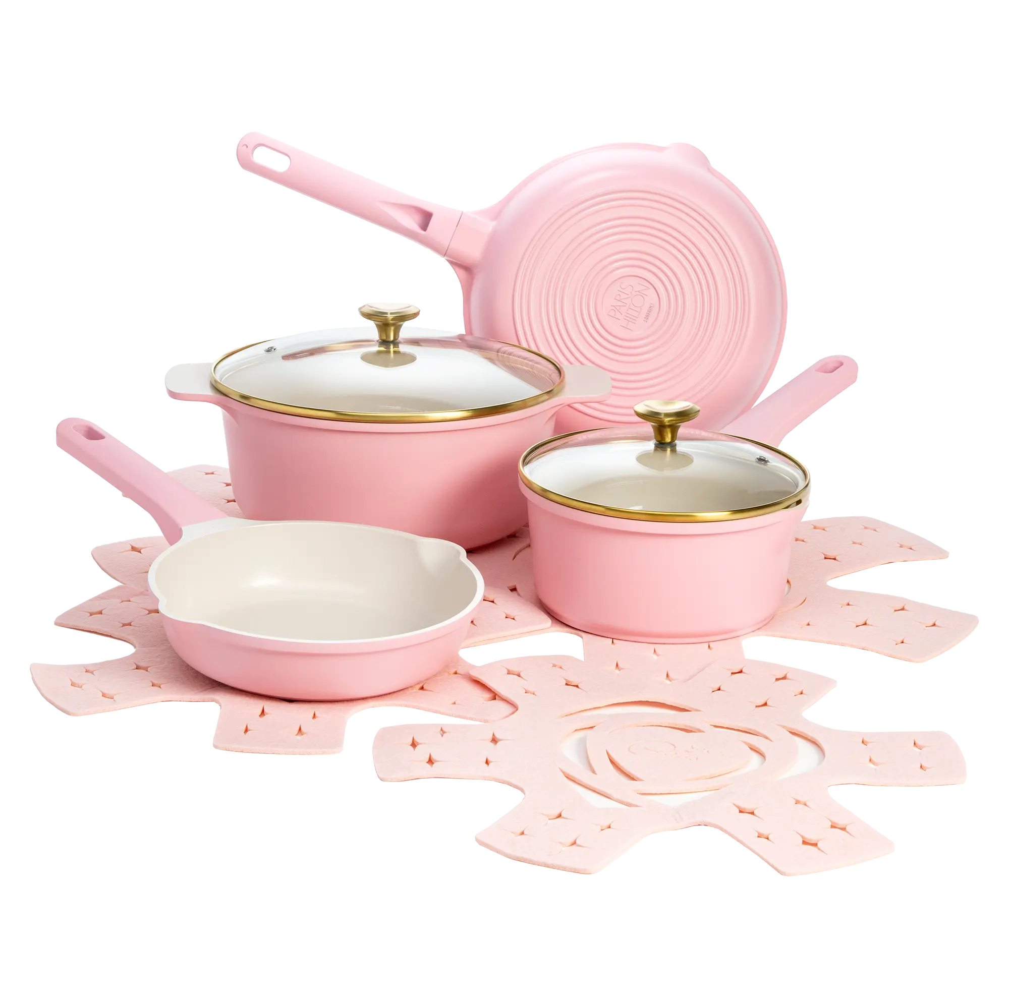 Paris Hilton Clean Ceramic™ Nonstick Cookware Set 10-Piece Cast Aluminum with Heart Knobs Soft Pink Finish Dishwasher Safe