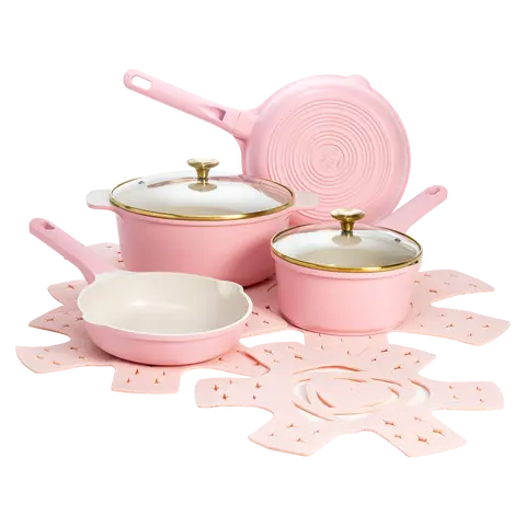 Paris Hilton Clean Ceramic Nonstick 10-Piece Cast Aluminum Pots and Pans Set - Blush Pink Kitchenware with Heart Knobs, Dishwasher Safe