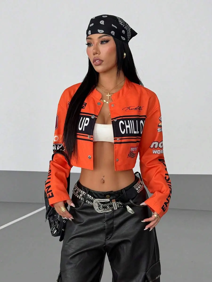 Women's Streetwear Motorcycle Letter Print Cropped Jacket