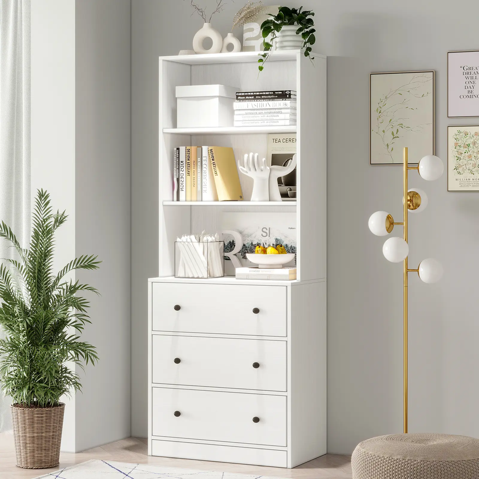 VOWNER Tall Storage Cabinet Pantry Cabinet with 3 Shelf 3 Drawer, Modern White Bookcase for Living Room, Kitchen