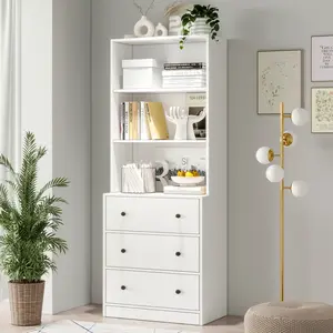 VOWNER Tall Storage Cabinet Pantry Cabinet with 3 Shelf 3 Drawer, Modern White Bookcase for Living Room, Kitchen