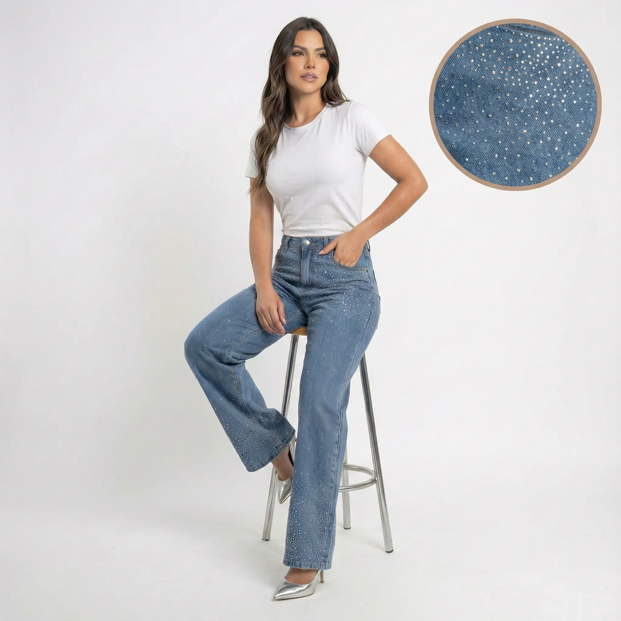 ChicCurve Sparkle Denim Jeans with Rhinestone Embellishments for Women's Fashion Stylish Denim with Sparkle Details