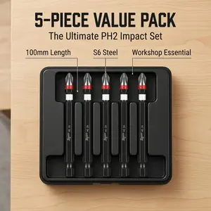 5-Pack Ph2 Cross Impact Screwdriver Bits, 100mm Extra Long, S6 Industrial Grade, 1/4" Hex Handle, Shockproof, High Hardness, Deep Hole Repair