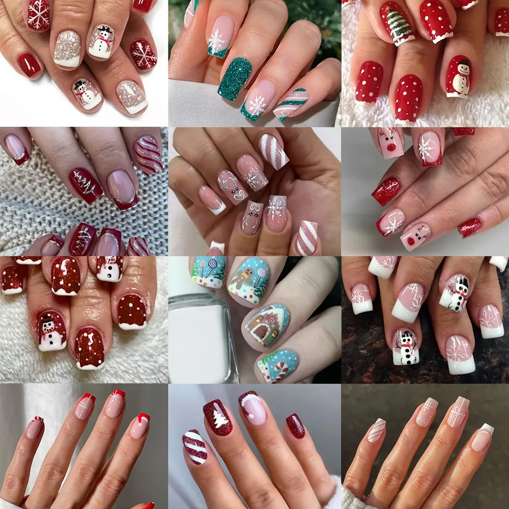 Christmas 288pcs Square Nail Art Set, Mixed Designs Including French, Stripes, Snowman, Reindeer, Santa Hat, Gingerbread Man, DIY Nail Kit