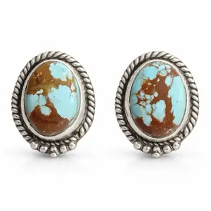 Number 8 Genuine Turquoise Stud Earrings Set In .925 Solid Sterling Silver