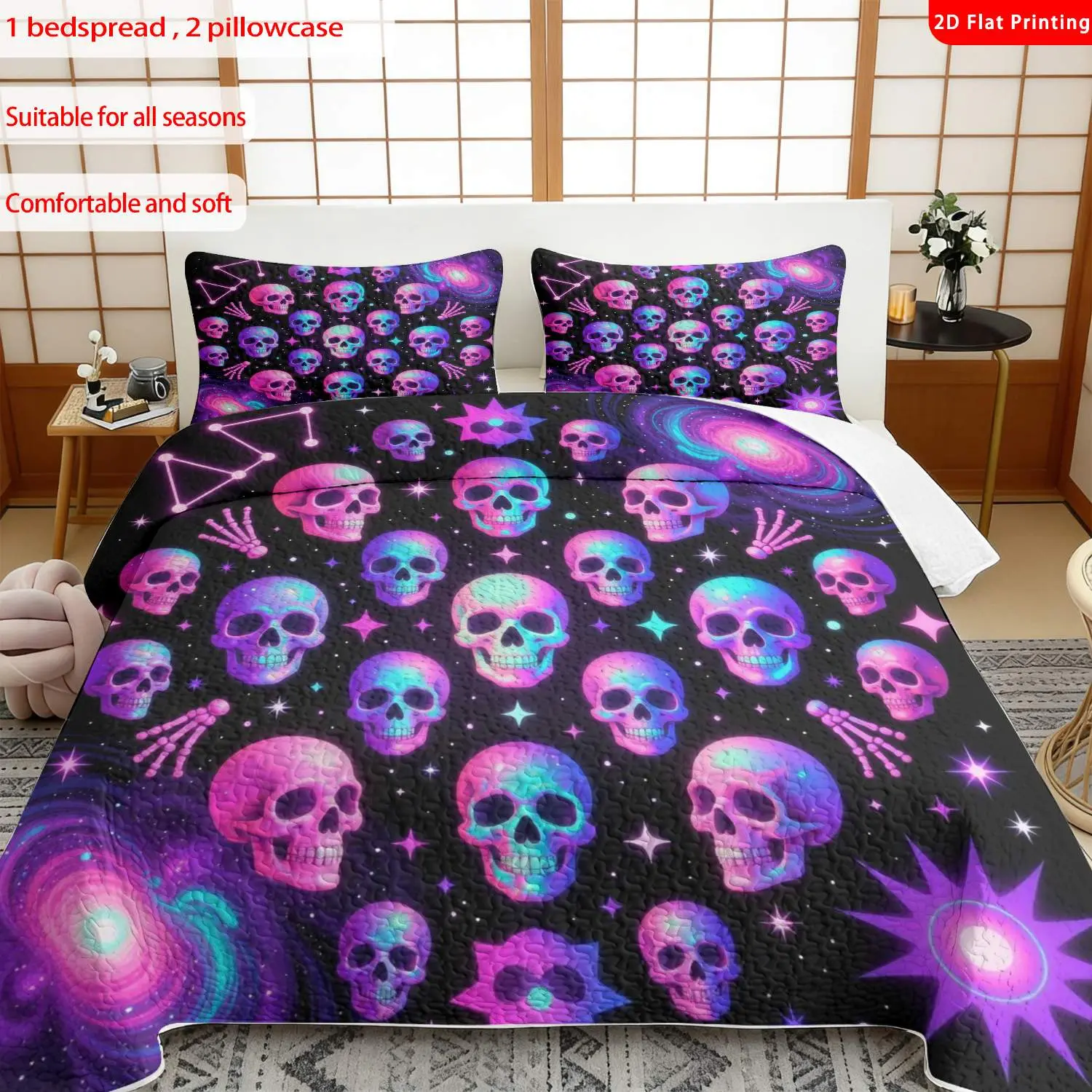 3 pcs, 2D Flat Print Gothic Skull Starry Night Bedspread Set, Soft and Comfortable, Multiple Sizes Available, Suitable for Gifting and Daily Use, Ideal for Creating a Cozy Home Atmosphere, Decorative Bedding Set(1 bedspread , 2 pillowcases)