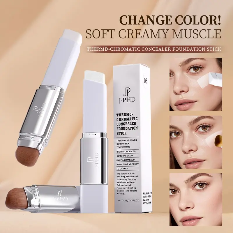 Two-In-One Concealer Foundation Hybrid Color-Changing Foundation Stick, Temperature-Sensitive Concealer Spot Covering Coverage Powder, Makeup Base Primer with Brush Included, High Coverage, All Day Coverage