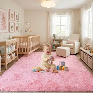 PLUMLIK Fluffy Pink Area Rugs For Living Room, Upgrade Non Slip Soft Shag Carpet for Bedroom, Kid And Pet Friendly, Rugs With 4 Stickers, Indoor Floor Shaggy Plush Rug, Esthetic Decor, Gift For Mother's Day, Easter, Dry Clean Only