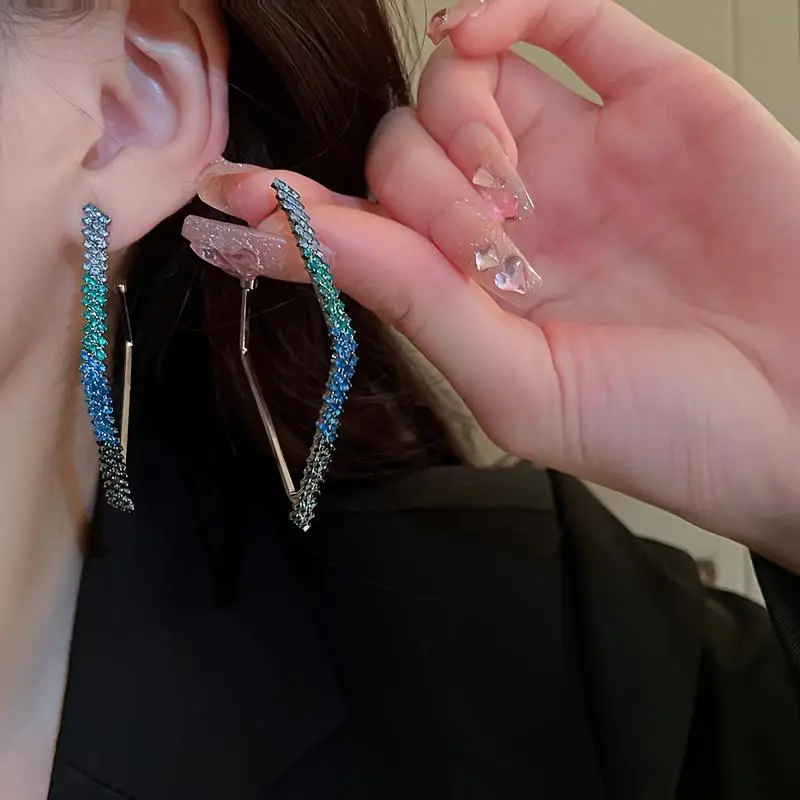 Large Hoop Earrings for Women, Fashion Alloy Rhombuses with Sparkling Pave Rhinestones for Parties, Simple, 6X3.5cm
