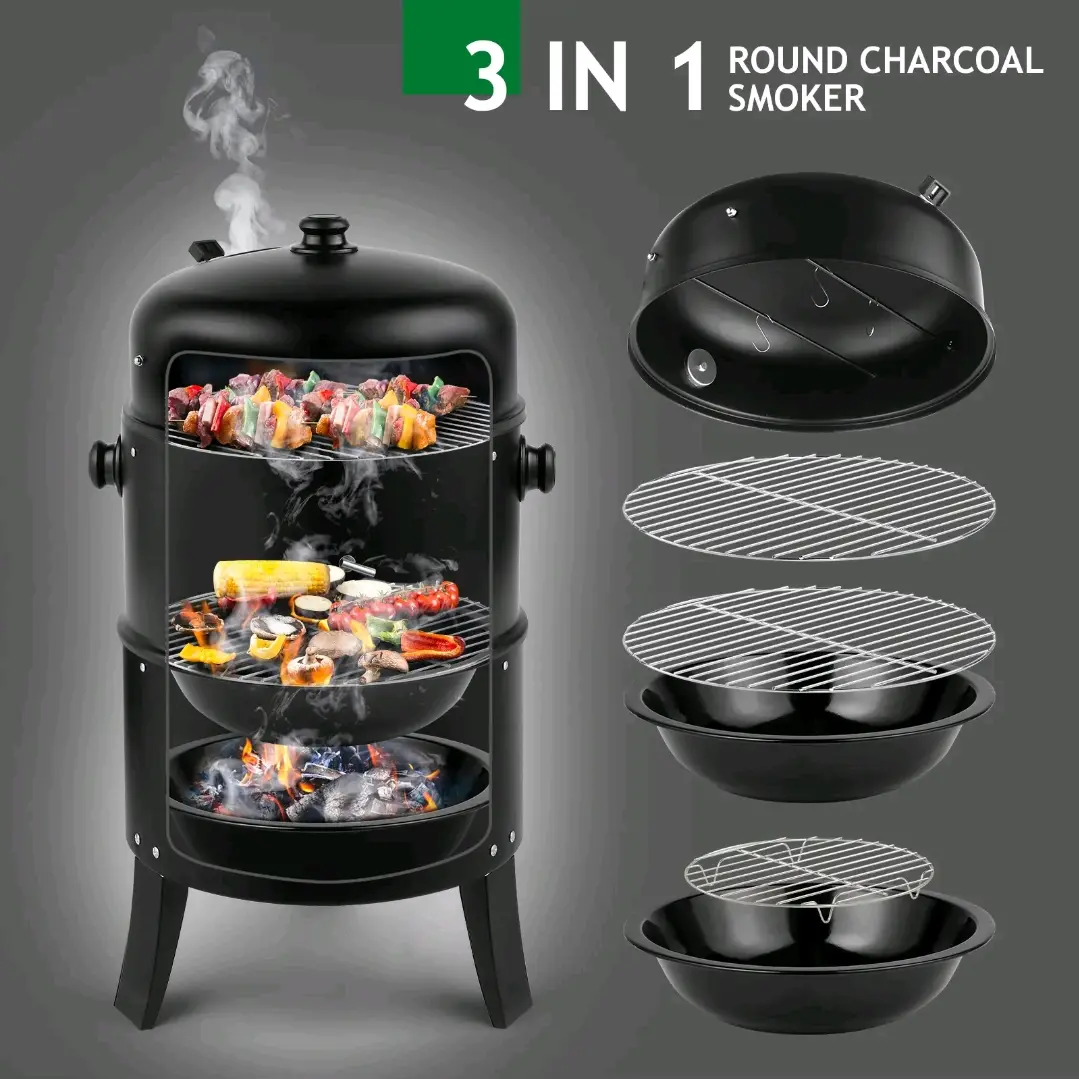 Sturdy Iron 3-in-1 Vertical Charcoal Smoker & Barbecue Grill - 80*41*48cm, Portable, Adjustable Vents, Built-in Thermometer, 2 Access Doors, Easy to Clean, Temperature Control, for Campfire/BBQ Party, Beach