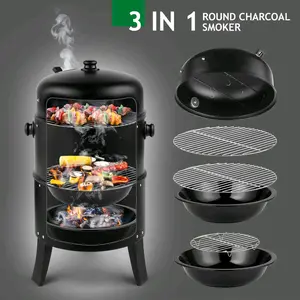 Sturdy Iron 3-in-1 Vertical Charcoal Smoker & BBQ Grill - Portable, Travel-Friendly, Built-in Thermometer, 2 Access Doors, Air Vent for Backyard Parties mini