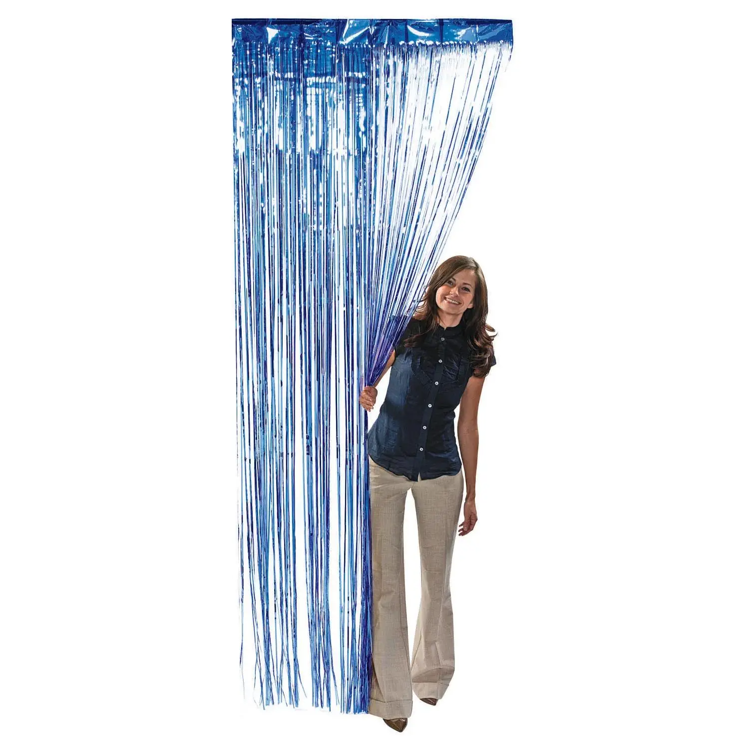 3 ft. x 8 ft. Blue Ready-to-Hang Metallic Foil Fringe Curtain