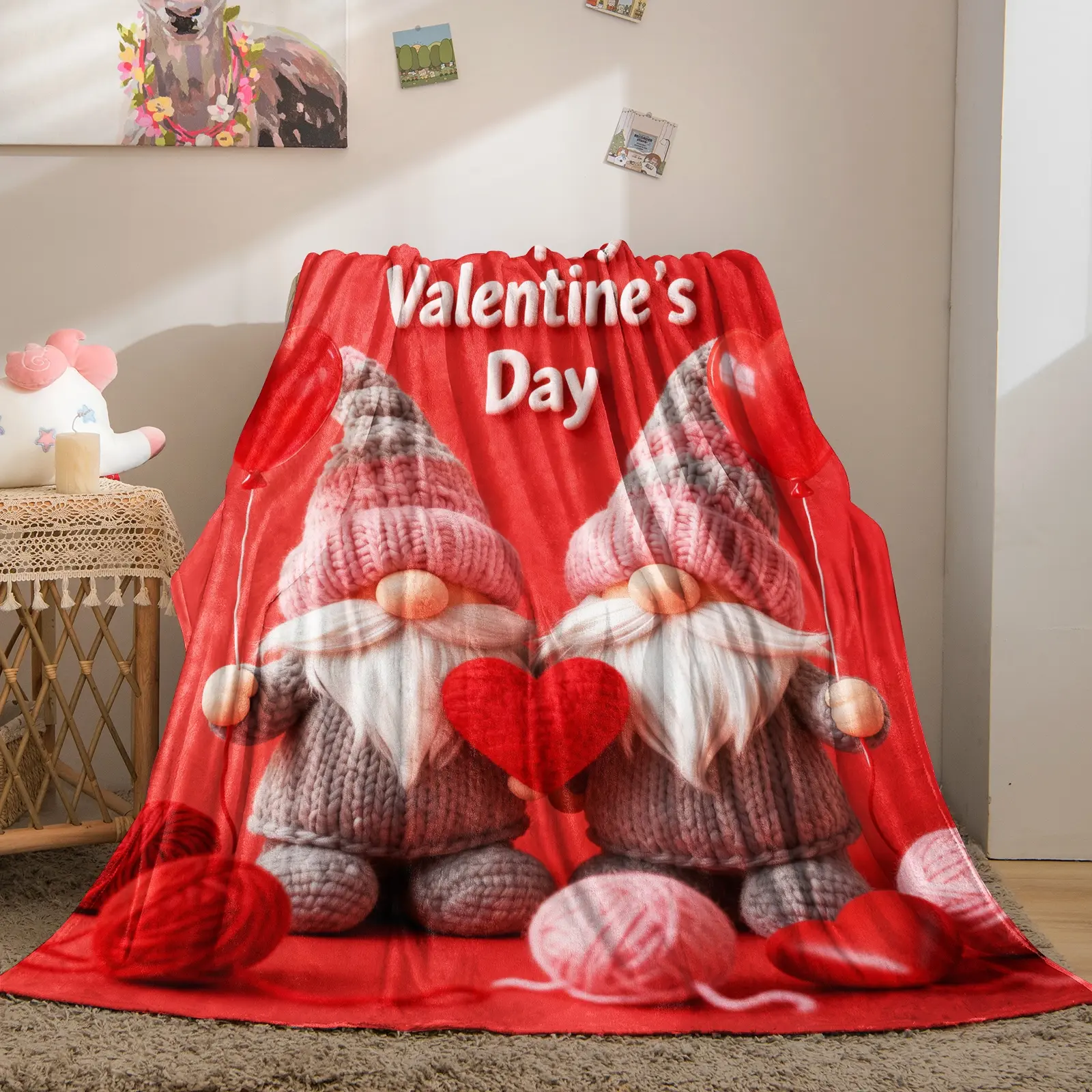 A soft, warm, and lightweight plush blanket with a red background and goblin dwarf series patterns, suitable as a birthday or holiday gift. Suitable for bed, sofa, car, and room decoration