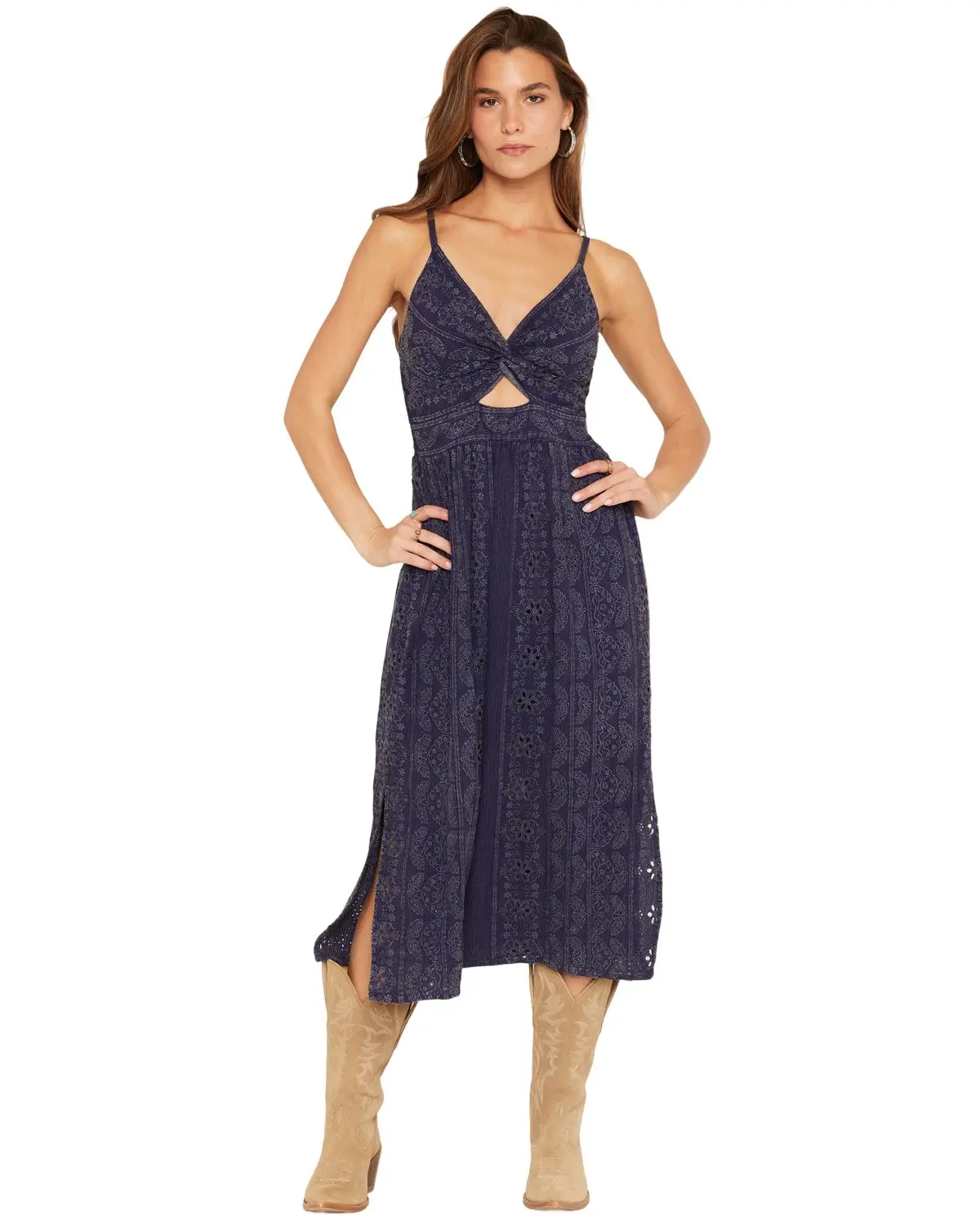 Angie Women's Women'S Acid Washed Eyelet Sleeveless Midi Dress - F4j10-Em40