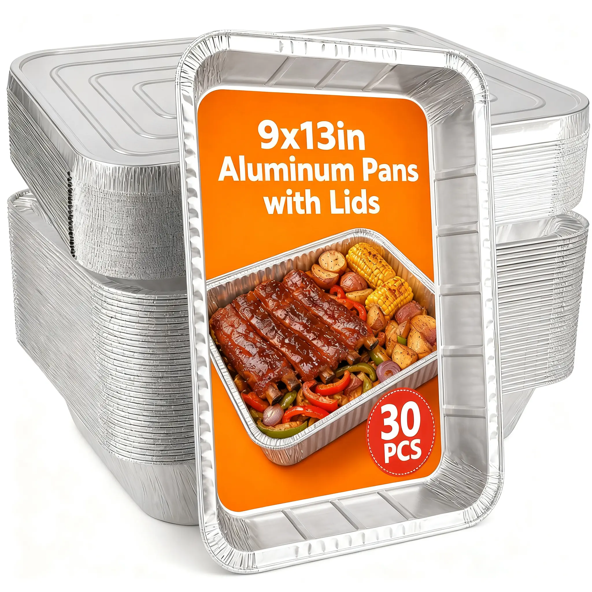 30 Pcs Commercial Grade Heavy Duty 9x13 Aluminum Foil Pans with Lids , Rectangular Disposable Tin Foil Trays, Oven Freezer Safe for Baking, Roasting, Meal Prep, Takeout Catering Food Storage Containers