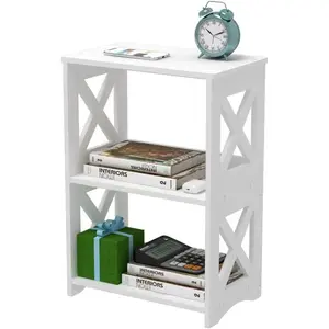 Narrow Side Table with Storage, 3-Tier Slim Nightstand for Small Spaces, White Modern End Table, Bedside Table, Bookshelf for Living Room, Bedroom, Bathroom and Office.