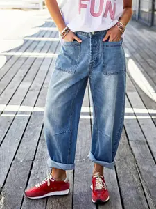 Women's Fashion Jeans Pants, Loose Fit, Washed Vintage Look, Casual Daily Wear, All Seasons, Creative Banana Shape