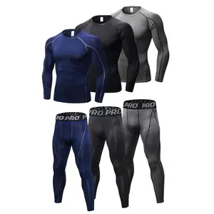 3 Pack Men's Letter Tape Compression Sport Set, Long Sleeve Round Neck Top & Leggings, 3 sets Casual Comfy Gym Underwear Set for Spring Fall & Winter springtokRAIMENTRY