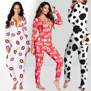 New Year’s button-up women’s sleepwear jumpsuit — Christmas print loungewear, slim-fit long-sleeve design with a playful butt-cover flap and a cute plush top; winter sleepwear — sleepwear set GARMENTARY