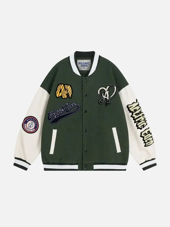 Aelfric Eden Unisex Towel Embroidery Badge Varsity Jacket Casual Streetwear Vintage  Relaxed Fit Ribbed Trims Tops