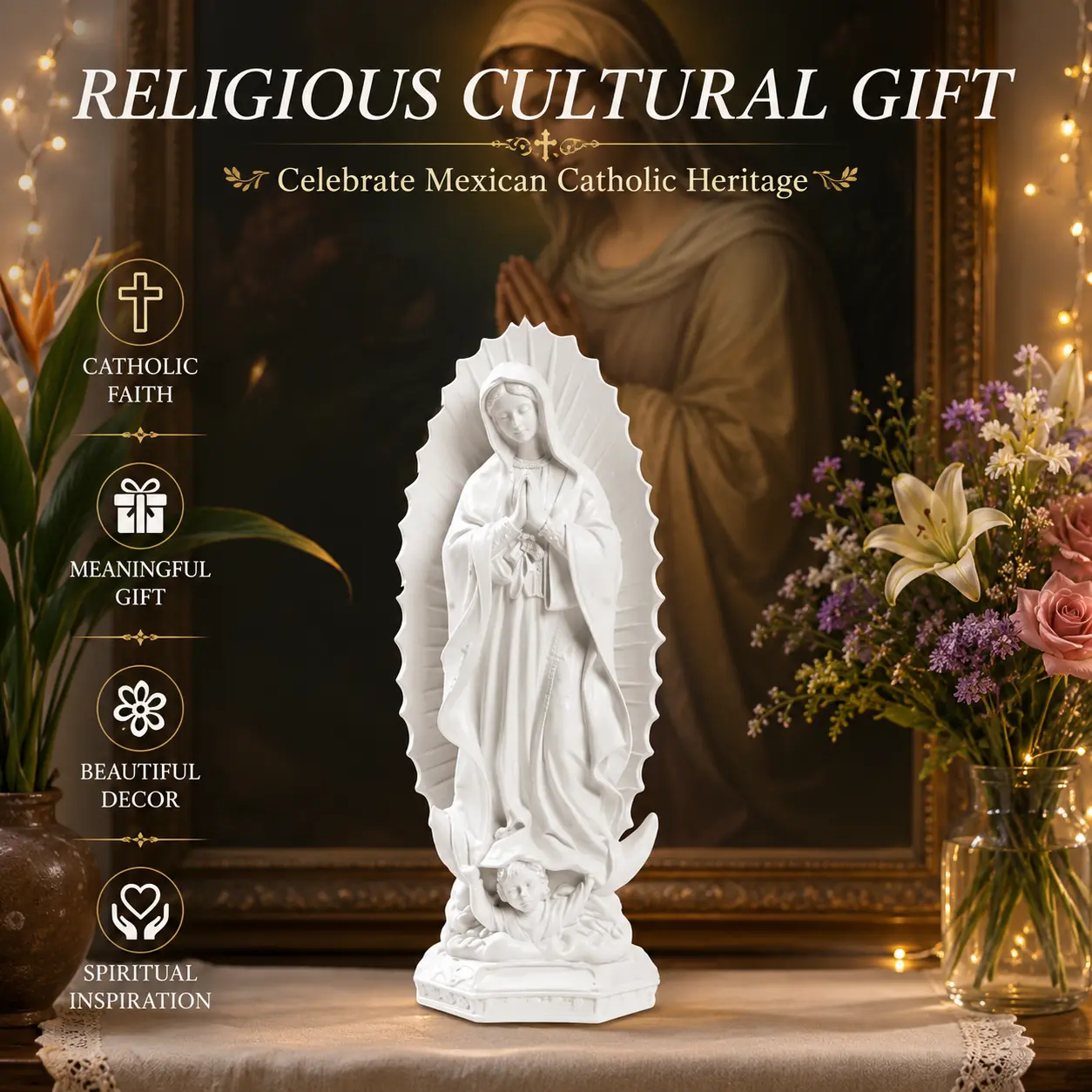 7.48-in Guadalupe Aldo Resin Virgin Mary Figurine, Virgin Tree Feature, Catholic Christian Religious Home Decor for Family Altars, Bookshelf Gifts