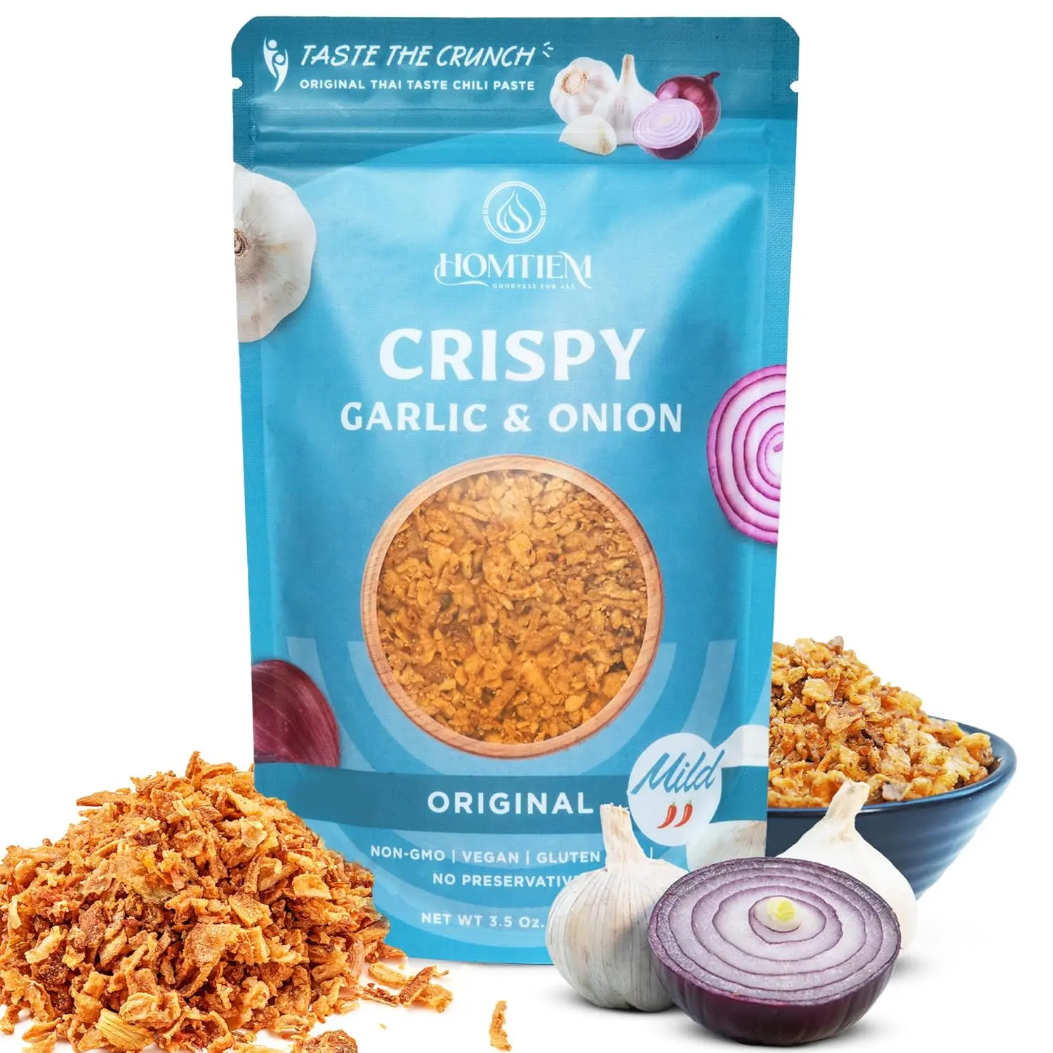 Homtiem Crispy Garlic & Onion : Original Mild 3.5 Oz., Spice, Versatile Seasoning, All-Natural, Non-GMO, Vegan Gluten-Free, Ready-to-Use, Keto-Friendly, Low-Carb