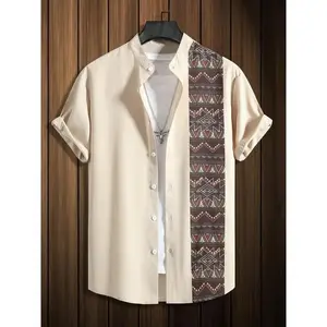 Men’s ethnic-patterned curved-hem shirt, summer loose casual short-sleeved button-up, everyday fashionable menswear, GARMENTARY
