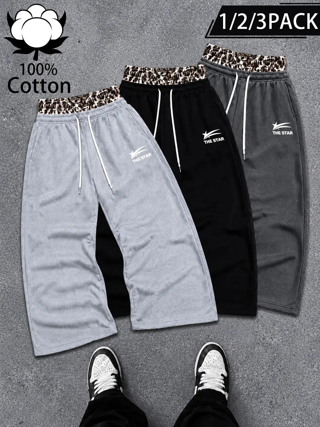 1/2/3 Pack Leopard Print Double Waistband Sweatpants, Faux Layered Low Rise Loose Straight Leg Athletic Pants with Drawstring, Unisex Y2K Streetwear Casual Lounge Trousers for Gym, Running, Travel, Weekend, Daily Wear and Trendy Outfits, Relaxed Fit Style