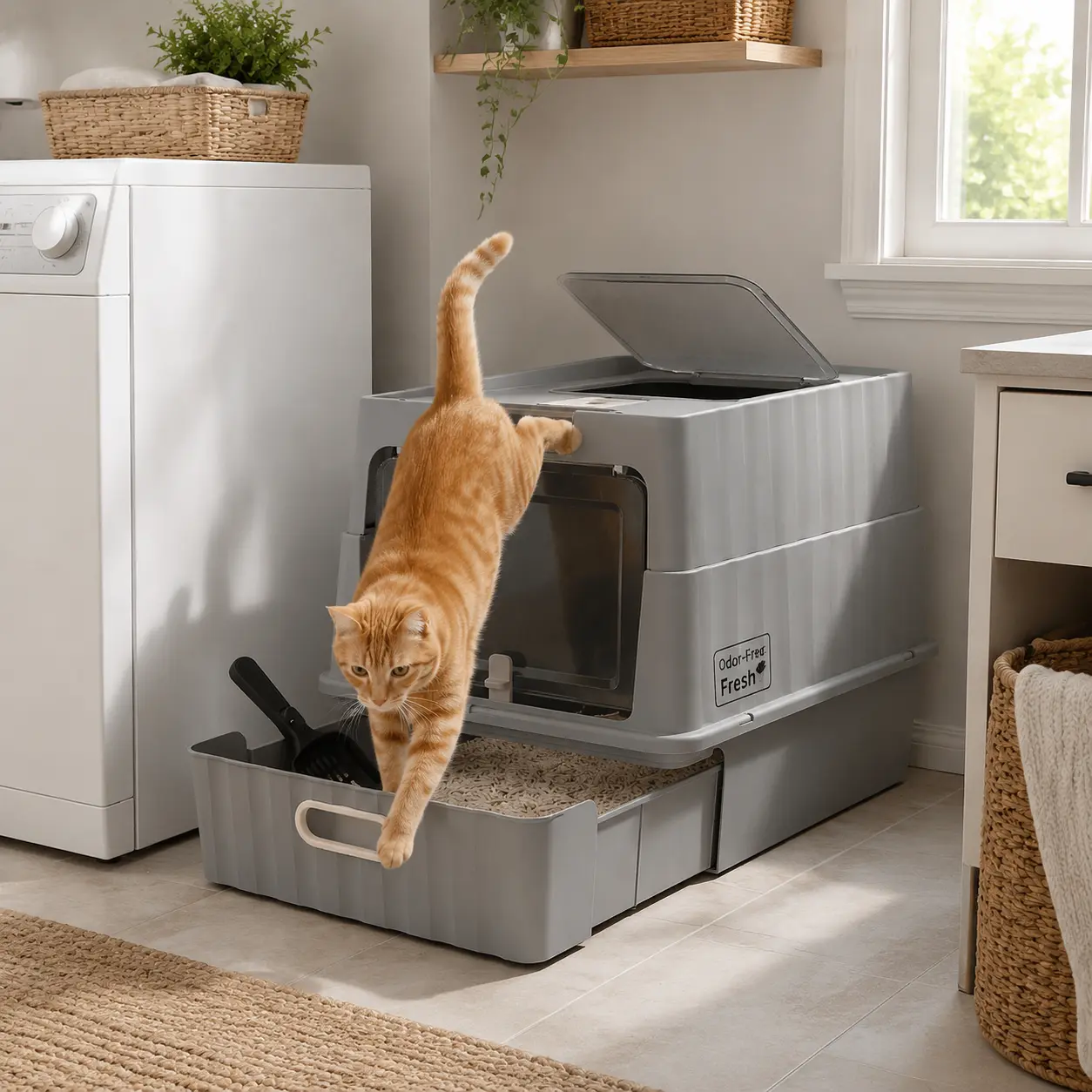 Extra-large, fully enclosed drawer-style cat litter box with dual entryways to prevent splashing, odor control lock, suitable for large cats and multi-cat households, includes a cat litter scoop.