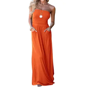 PASLTER Womens Off The Shoulder Maxi Dresses Summer Strapless Bandeau Long Dress with Pockets