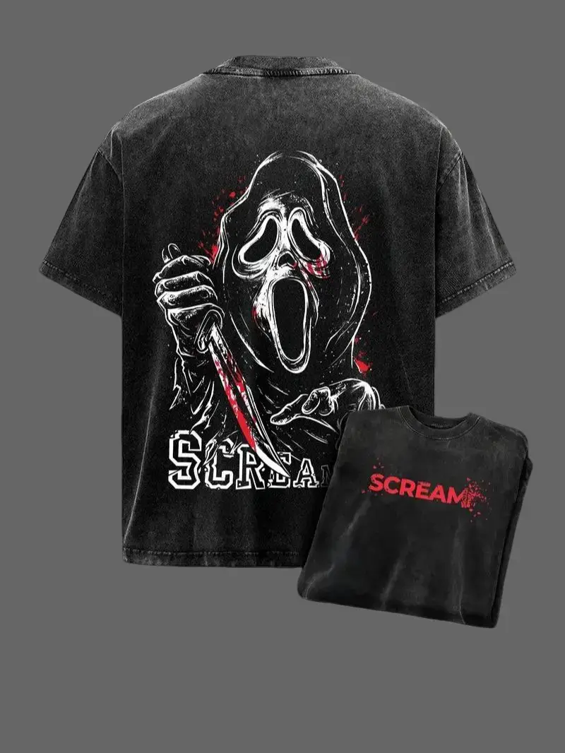 Menswear Ghost Face Scream Classic Short-Sleeve Round Neck Breathable Vintage Acid Wash T-Shirt, Double-Sided Horror Movie Graphic Oversized Unisex Cotton Top for Halloween