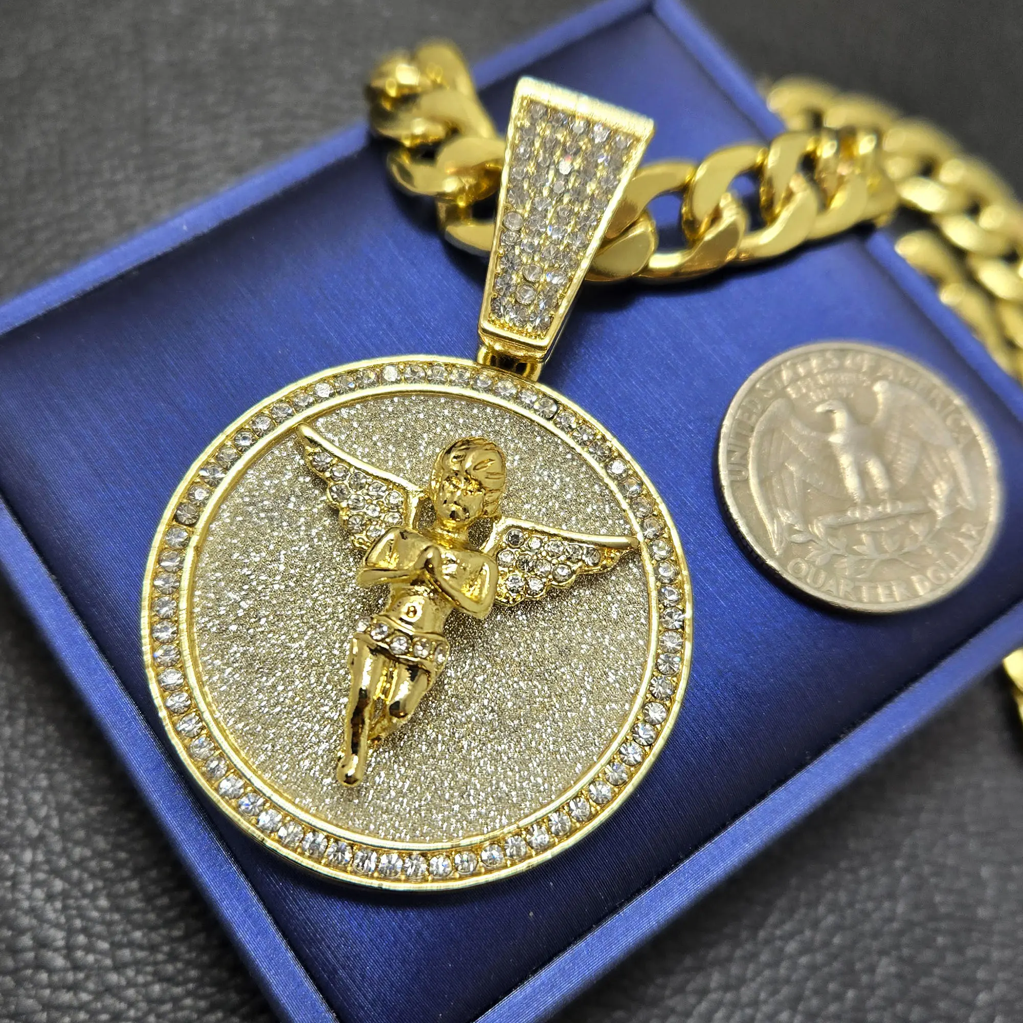 MaxBling81 Large Baby Angel Round Medal Pendant Statement Necklace, 10mm Iced Gold-Plated Cuban Rope Chain, High-Quality Hip Hop Zircon, 18"-30" Men's Fashion Costume Jewelry Accessory, Embellished Chain Necklaces, Unisex, Men's Accessories, Hip Hop Cz Fl