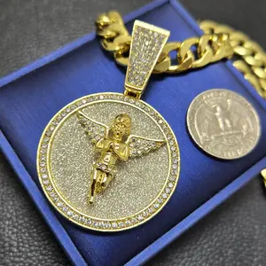 MaxBling81 Large Baby Angel Round Medal Pendant Necklace with 10mm Iced Cuban Rope Chain, Gold-Plated High-Quality Hip Hop Statement Zircon Jewelry, 18"-30" Circle Chains Men's Accessory