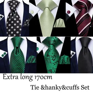 Hi-Tie 170cm Extra long Black Dots Men's Elegant Tie Handkerchief Cufflinks Set Wedding Party Accessories Gift for Men Gravats