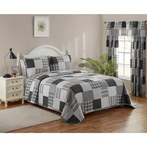 3 PCS Quilt Bedspread Coverlet Grey and White Patchwork Design Durable Brushed Microfiber Checkered Farmhouse Bedding Set