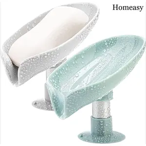 2Pack Soap Holder Leaf-Shape - Self Draining Soap Dish Holder, Not Punched Easy Clean Bar Soap Holder, with Suction Cup Soap Dish Suitable for Shower, Bathroom, Kitchen Sink (Grey + Green)