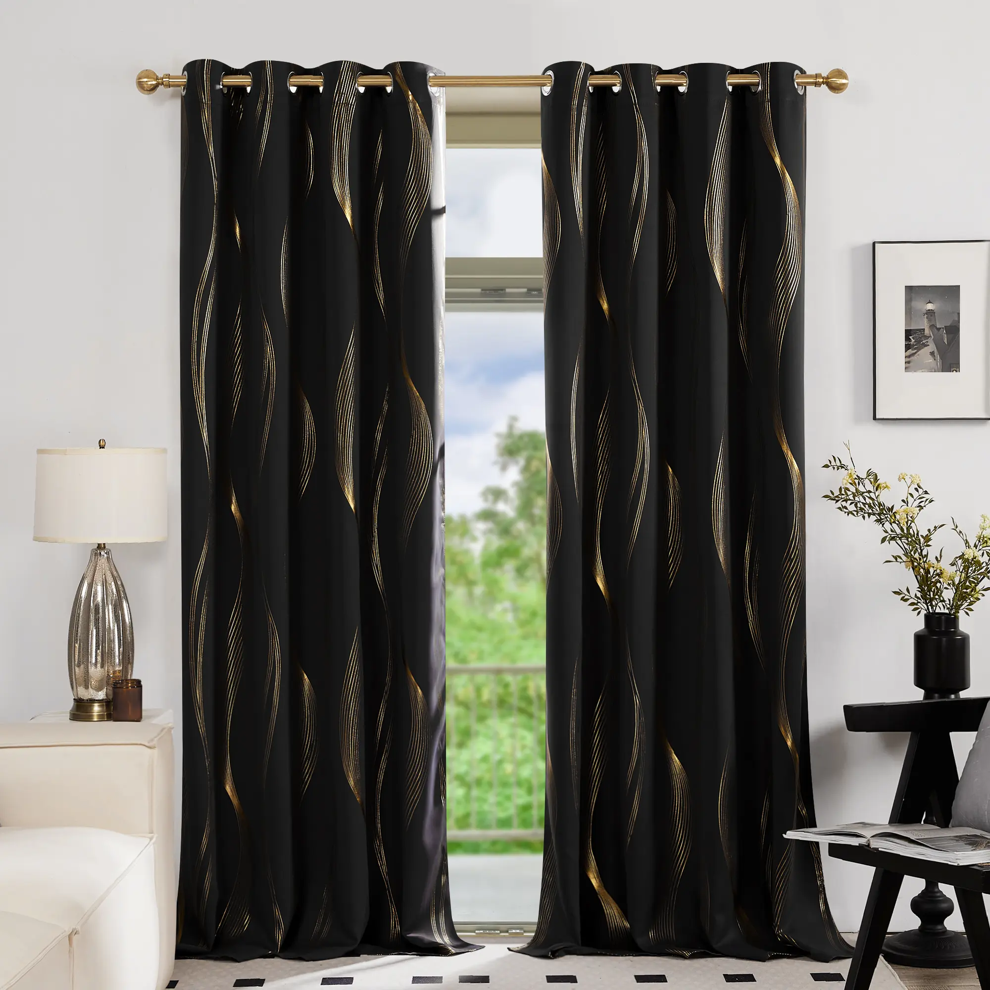 Deconovo 3m Stretch Blackout Double Curtains - 2 Panels with Golden Wave Stripe All-Over Print, Durable Modern Thermal Insulated Soundproof Grommet Drapes, Hand-Wash Only Privacy Covers for Living Room Decor, Curtains for Bedroom
