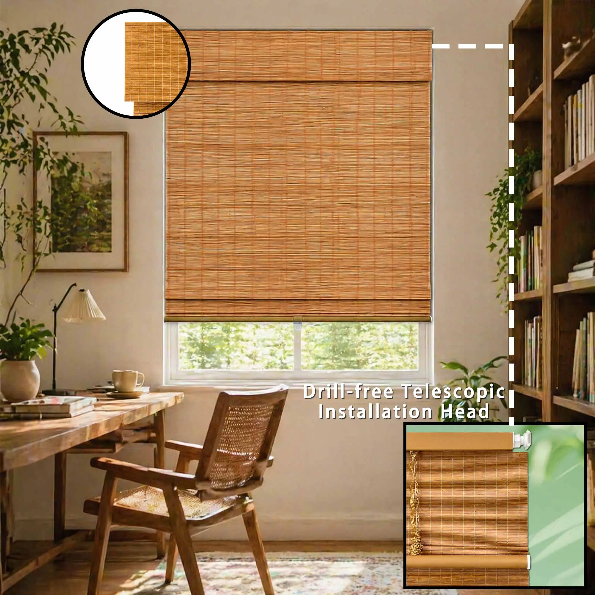 No Drill Bamboo Blinds for Windows, Cordless Natural Bamboo Shades, Light Filtering Privacy Roman Shades, Eco-Friendly Window Shades for Bedroom Living Room Kitchen