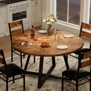 Garvee 5-Piece Round Dining Table Set with 4 Upholstered Chairs, Sturdy Wooden Frame, Ideal for Kitchen, Apartment, or Small Spaces, Retro Brown Finish