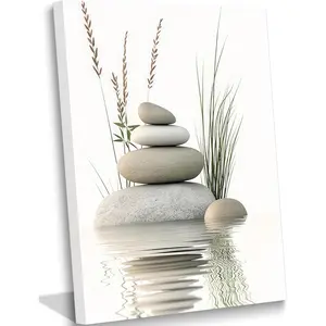 Zen Stone Canvas Wall Art Stacked Stones in Water Poster Print Tranquil Wild Grass Painting Picture for Spa Yoga Meditation Room Bathroom Wall Decor 12x16in Framed Ready to Hang