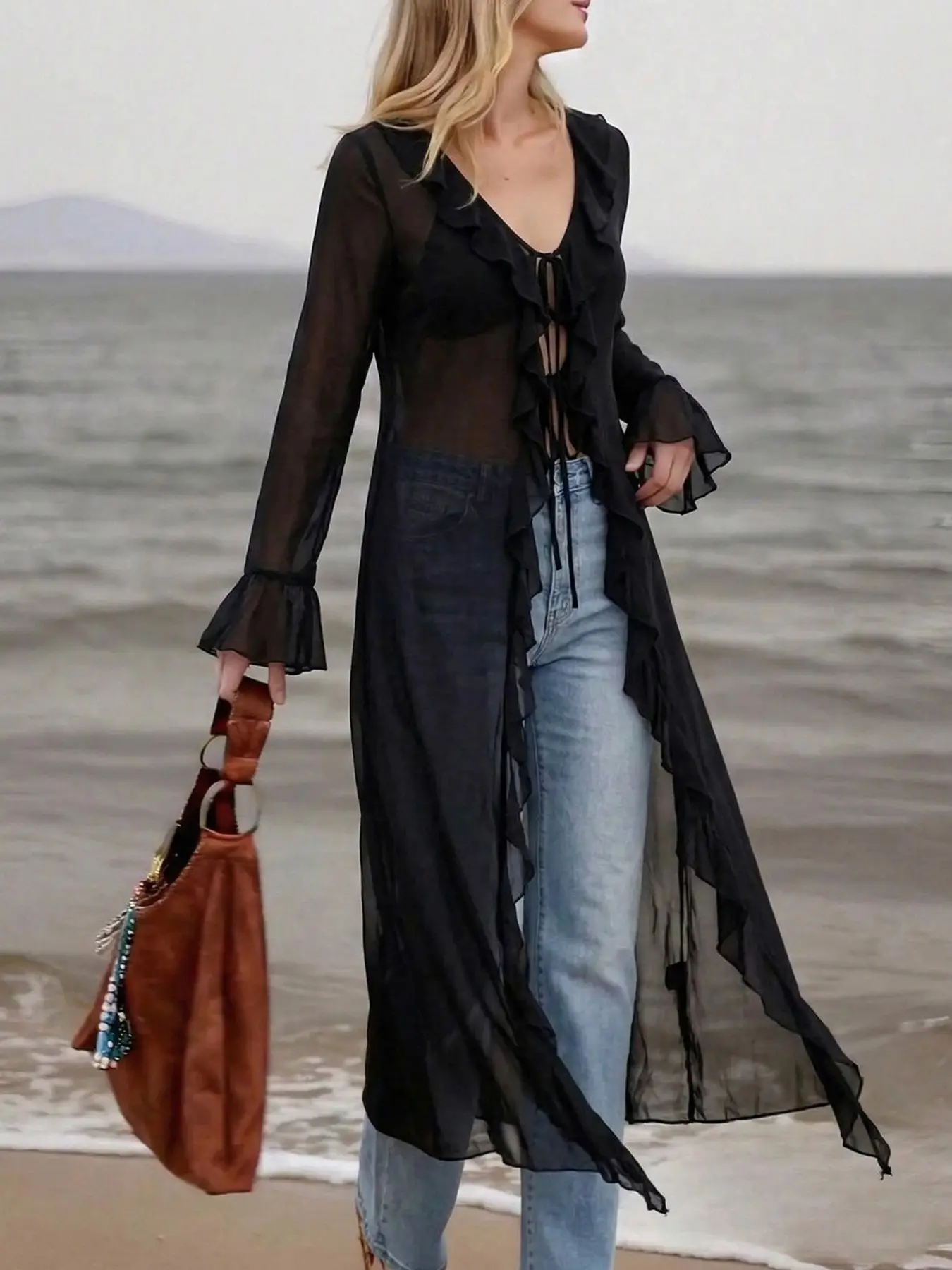 Sheer Floral Lace Jacket for Women, Loose Fit Long Sleeves Plain Design, Spring & Fall Casual Outerwear, Sweet Daily Wear Elegance Womenswear