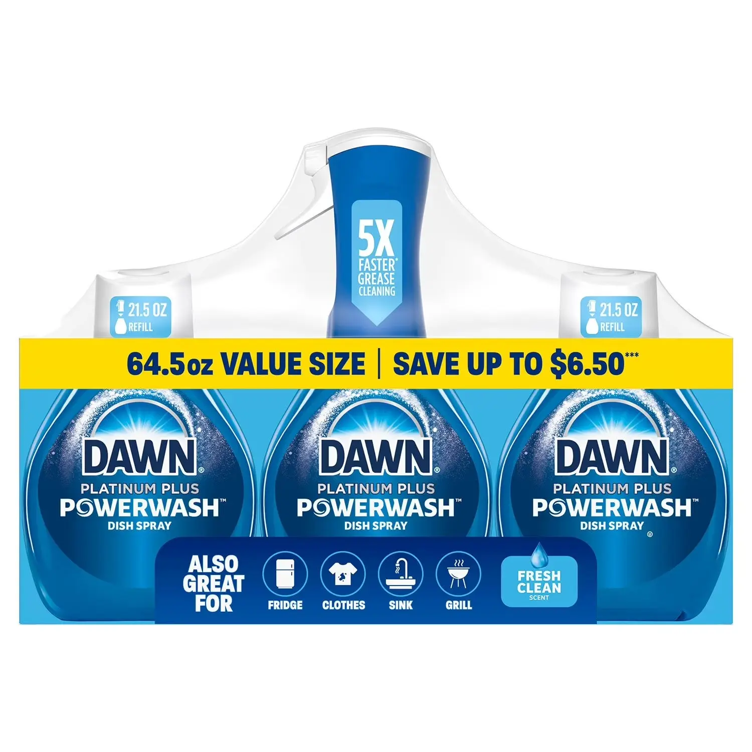 Dawn Ultra PlusPlatin Powerwash Fresh All-Purpose Scented Household Dish Spray Set, 1 Spray Bottle + 2 Refills + 3 Cleaning Boosters, Easy to Clean, Faster Grease Cleaning, Water-Based, 64.5 fl. oz., Refillable
