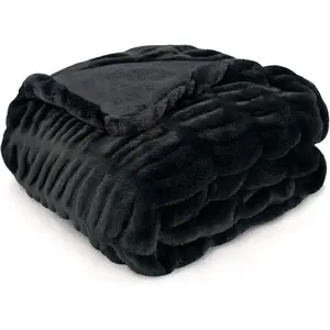 Reversible Faux & Mink Fur Throw Blanket, Soft, Cozy & Dual-Sided, 50" x 60", Ruched Black