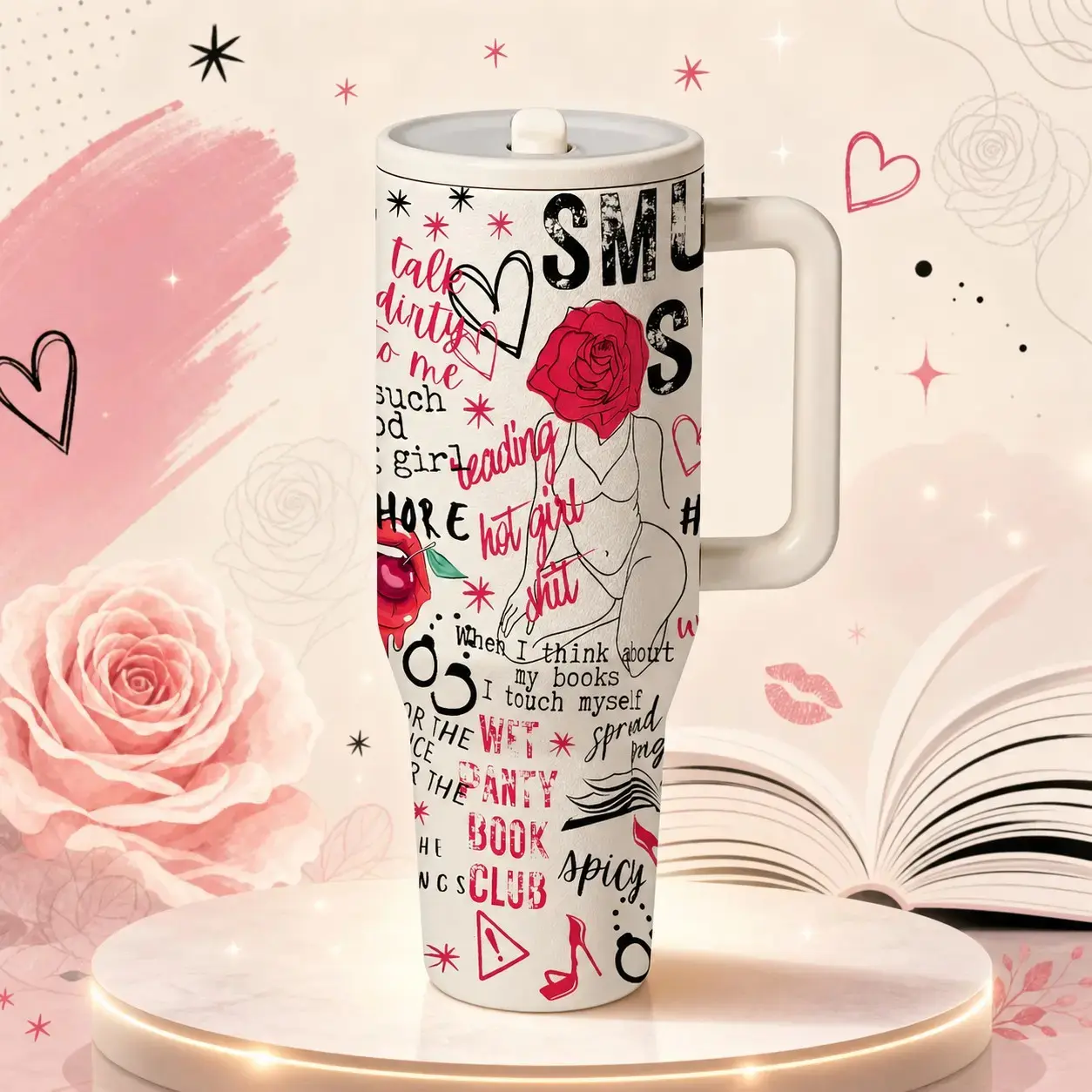 1 pc 40oz Insulated Mug with Handle and Straw Lid, Double-Wall Vacuum Leakproof Tumbler, Leak-Proof Large-Capacity Thermal Cup Keeps Drinks Hot 12 Hours and Cold 24 Hours, Smut Book Club Dark Rose Heart Print Gift for Women and Men, Insulated Travel