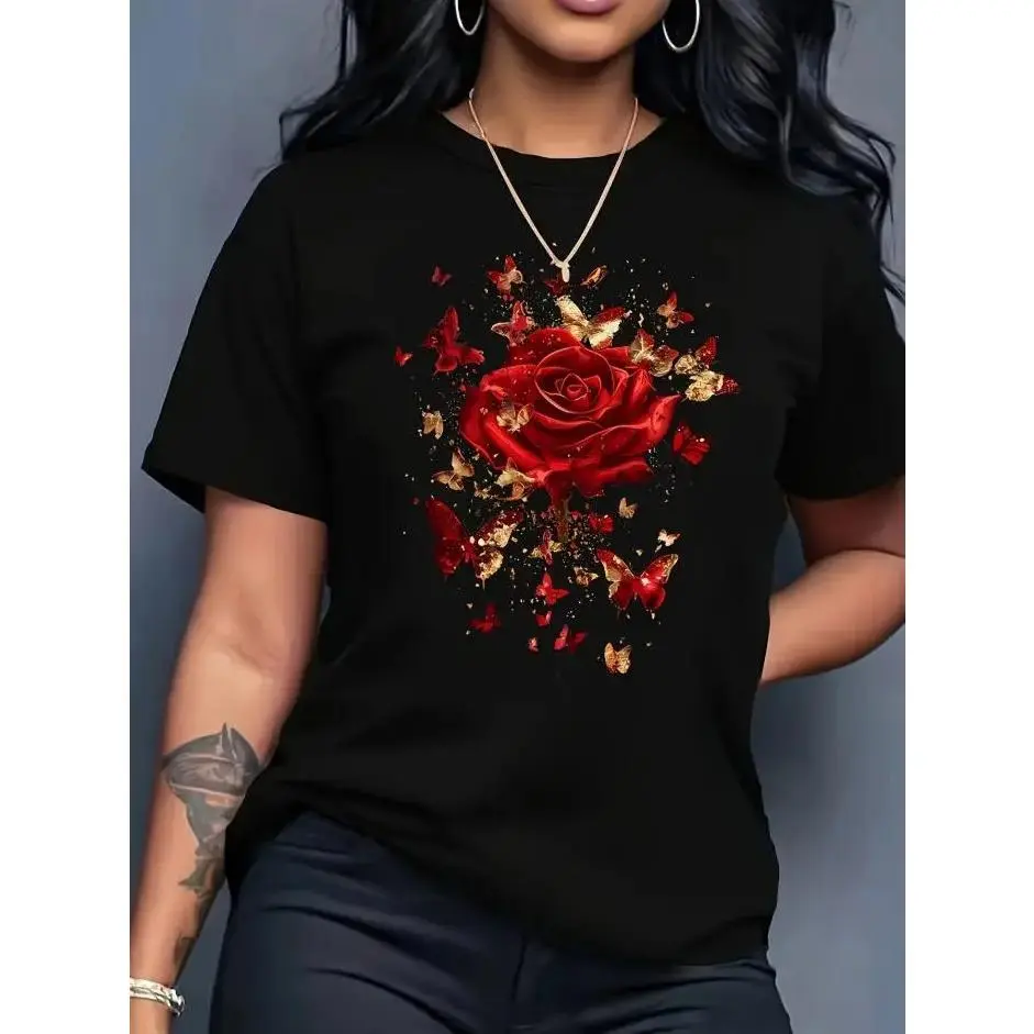 Short-Sleeve Round Neck Tshirt with Rose and Butterfly Motif Graphic, Anniversary Top, Valentines Day Surprise Gift, Romance, Party, Women's Graphic Tees, Streetwear, Sporty Chic, Regular Fit, Tee Sleeves, Rose Motif, Graphic Print