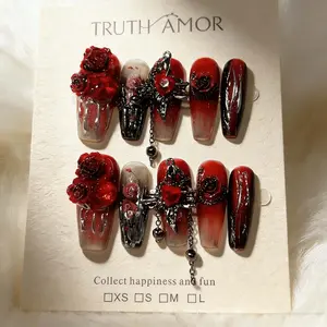 10PCS｜TRUTH AMOR Vampire Rose Gothic Cyberpunk Nail Designs Red-Silver Press-On Nails｜Dark Sweet-Spicy Style·Detachable & Reusable｜Halloween/Christmas/New Year Party Must-Have for Western Style Lovers